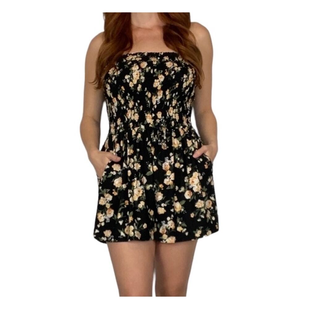 Rue21 EIC Size XL Black & Cream Floating Floral Print Strapless Stretchy Romper